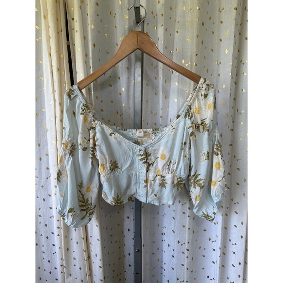Billabong Summer Field Floral Smocked Shirred Back Balloon Sleeves Crop Top M - Picture 2 of 7
